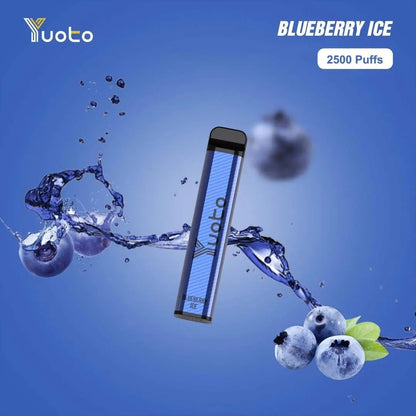 Yuoto vape device with blueberries and water splash on a blue background