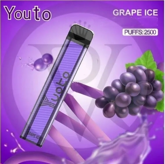 Yuoto grape ice vape on a purple background with grapes and 'Youto' branding.