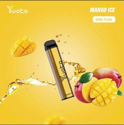 Yuoto Mango Ice vape device with mango slices and splashes on a yellow background