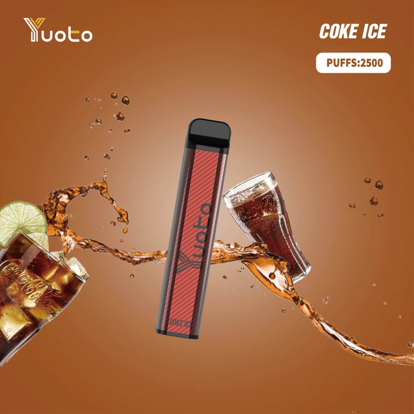 Yuoto Coke Ice vape device with cola splashes on a brown background