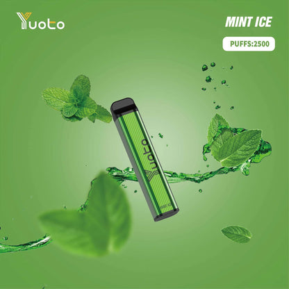Yuoto Mint Ice vape device with mint leaves on a green background