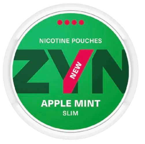 A round nicotine pouch can label for ZYN Apple Mint Slim, featuring a bright green background with a pink diagonal banner and white text.