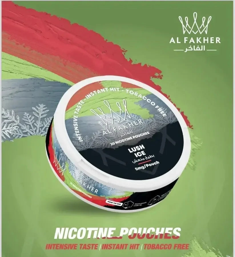 Al Fakher nicotine pouches container on a green background with brand logo.
