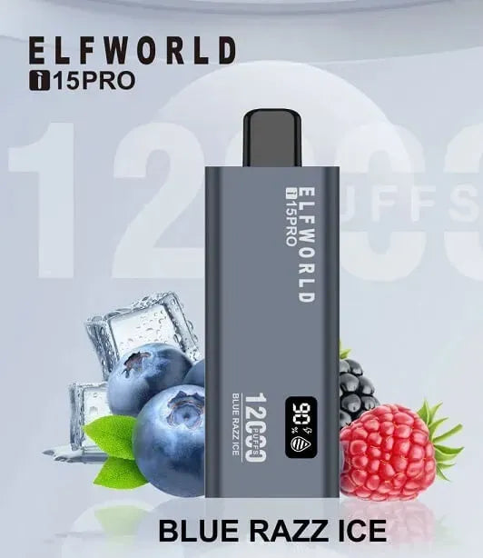 Elf World i15PRO vape device with blueberries, raspberries, and ice cubes on a light gray background.