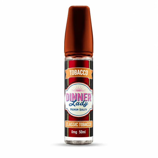 A 50ml bottle of Dinner Lady Classic Tobacco e-liquid on a white background.