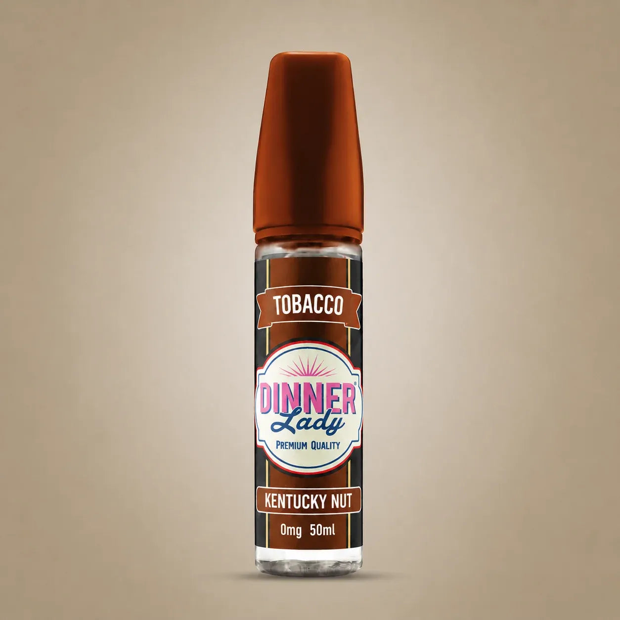 A 50ml e-liquid bottle labeled 'Dinner Lady Tobacco Kentucky Nut' on a solid beige background.