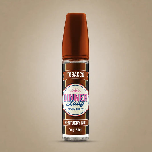 A 50ml e-liquid bottle labeled 'Dinner Lady Tobacco Kentucky Nut' on a solid beige background.