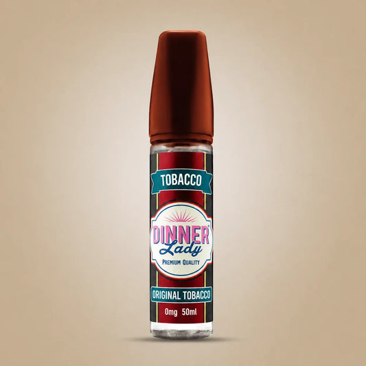 A 50ml bottle of e-liquid with a dark brown cap, featuring a label for 'Dinner Lady Original Tobacco'