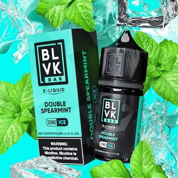 BLVK Double Spearmint e-liquid bottle and packaging with mint leaves and ice cubes on a teal background