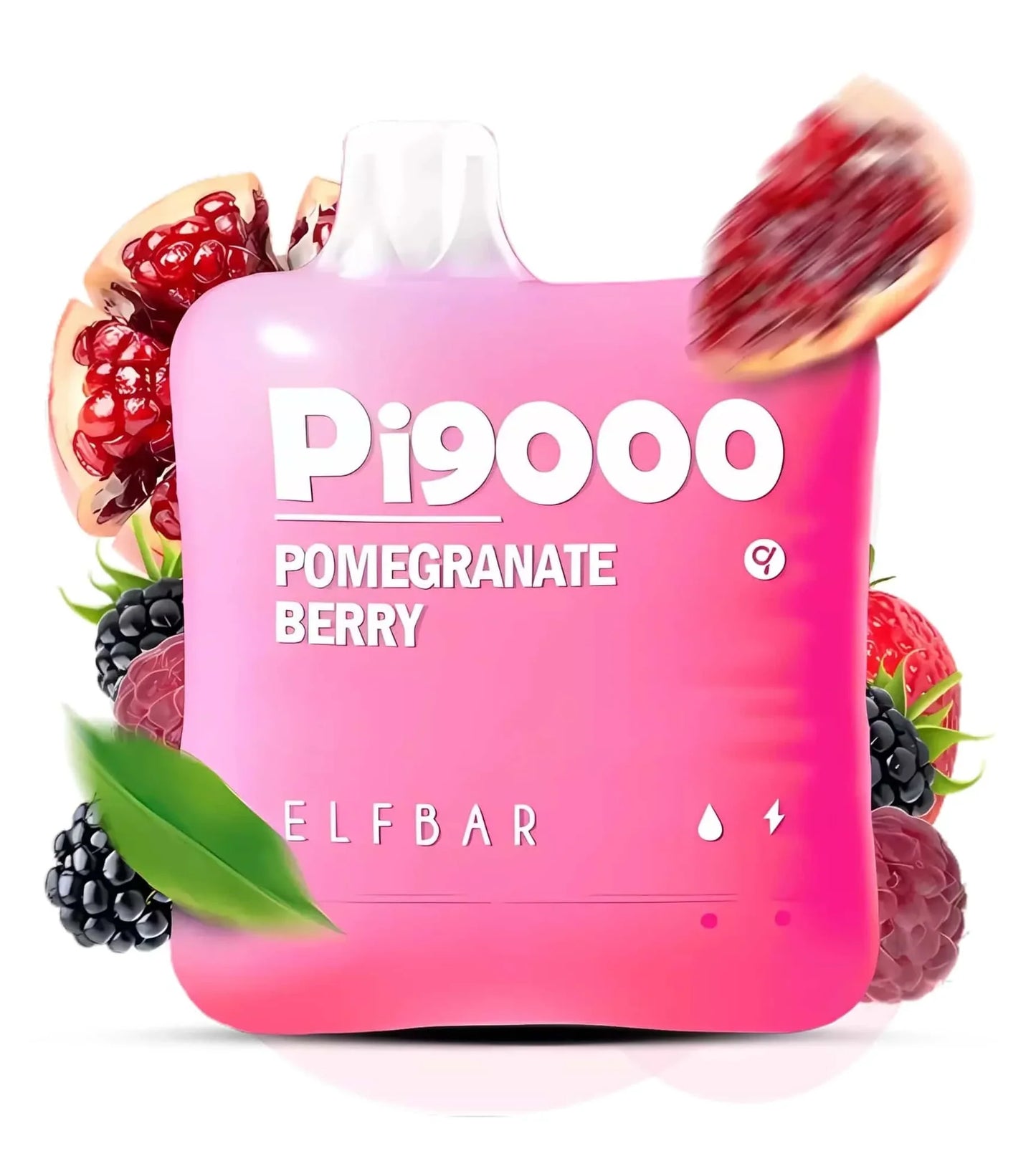 Pink vape device with 'Pi9000' branding surrounded by pomegranate and berry fruits on a white background