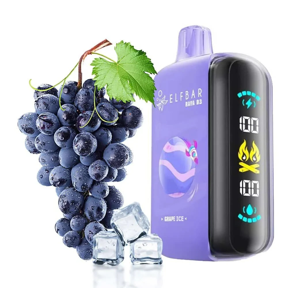 Elfbar Raya D3 grape ice with fruits and ice in background