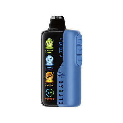 Blue and black elfbar trio device with visible branding on a white background