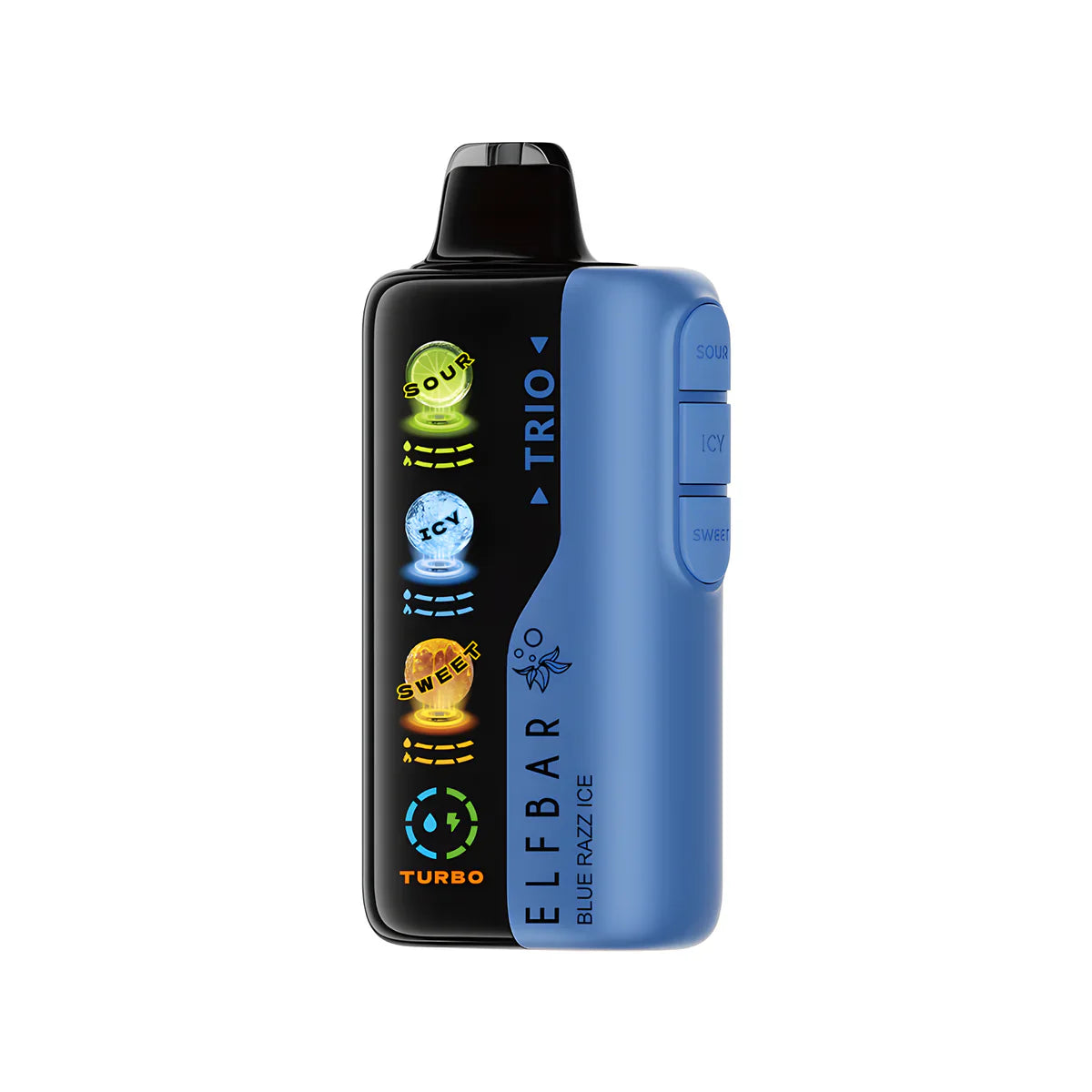Elf Bar Trio blue razz ice vape device with blue and black design on a white background