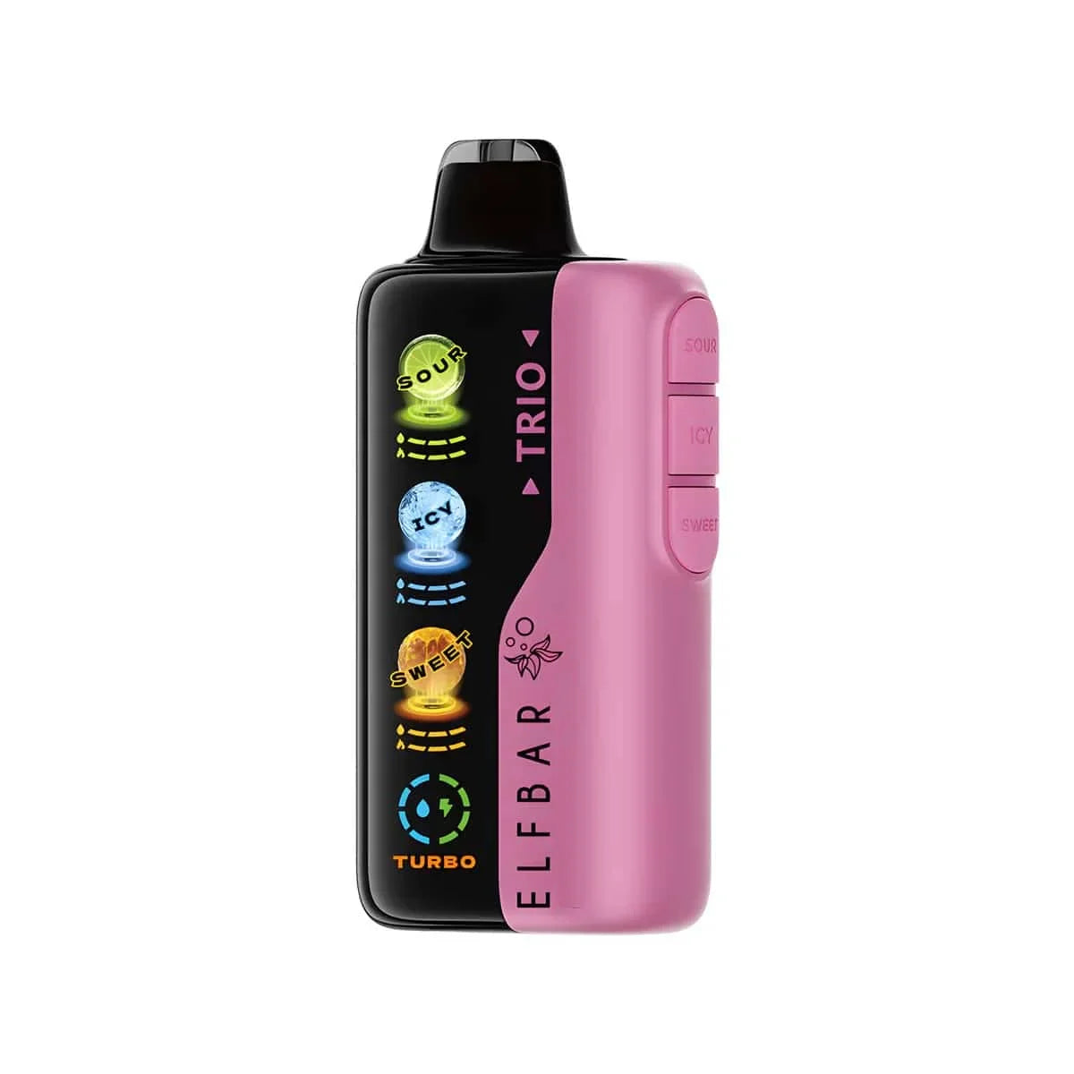 Pink and black electronic device with 'Elfbar' branding on a white background