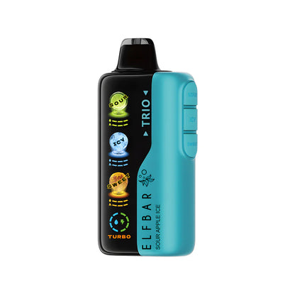 Elfbar Trio vape sour apple ice flavour on white background