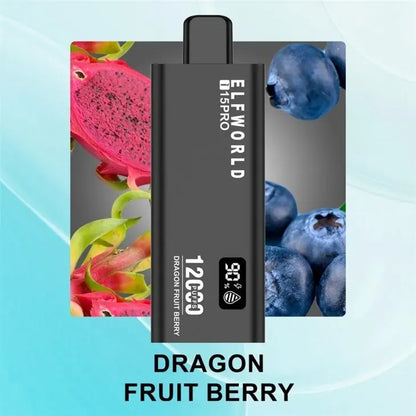 Elf Bar Pro vape device with dragon fruit and blueberry graphics on a light blue background