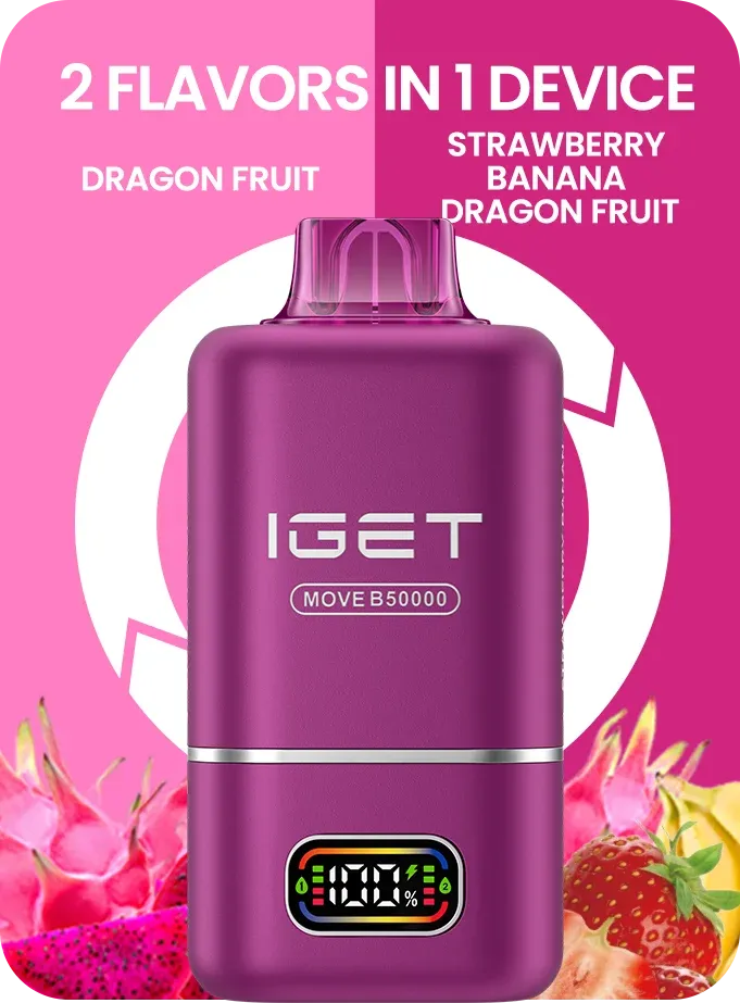 iget move 2-in-1 vape with fruit flavors on a pink background