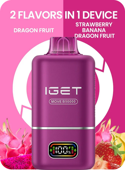 iget move 2-in-1 vape with fruit flavors on a pink background