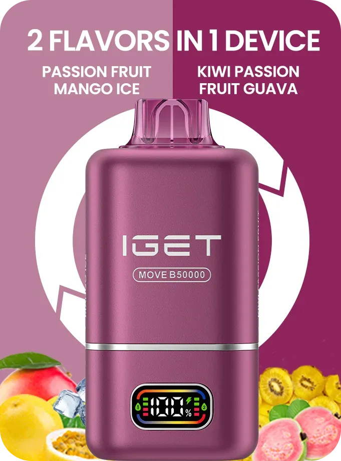 iget move 2-in-1 vape with fruit background - passion fruit mango ice and kiwi passion fruit guava