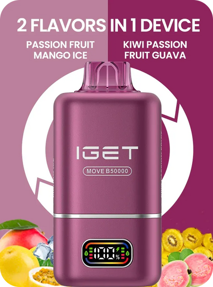 iget move 2-in-1 vape with fruit background - passion fruit mango ice and kiwi passion fruit guava