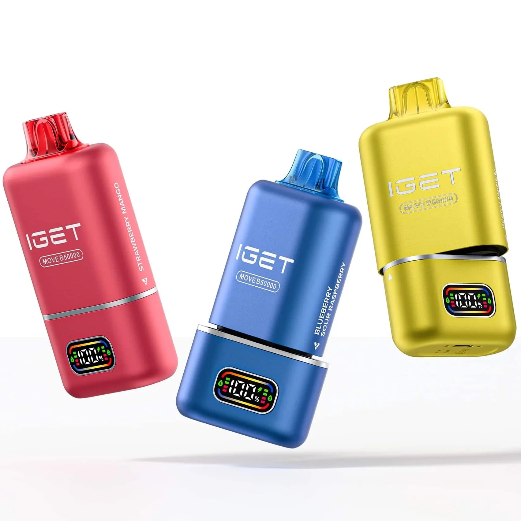 Three colorful IGET move devices in red, blue, and yellow on a white background