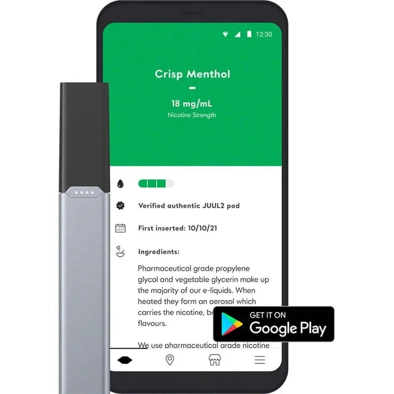 Smartphone displaying a Juul pods 2 crisp menthol app with connected with Bluetooth.