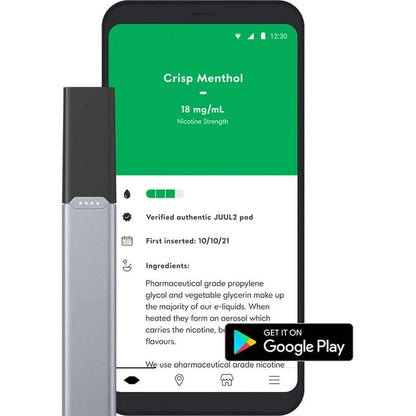 Smartphone displaying a Juul pods 2 crisp menthol app with connected with Bluetooth.