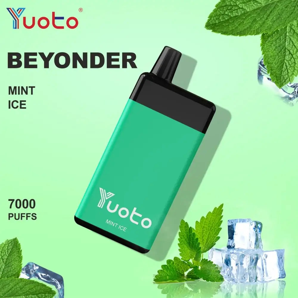 Yuoto BEYONDER Mint Ice vape device with mint leaves, and ice cubes on a light green background