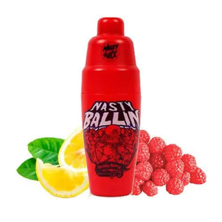 Red bottle labeled 'Nasty Ballin' with raspberries and lemon slices on a white background