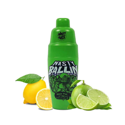Green bottle labeled 'Nasty Ballin' with lemons and limes on a white background