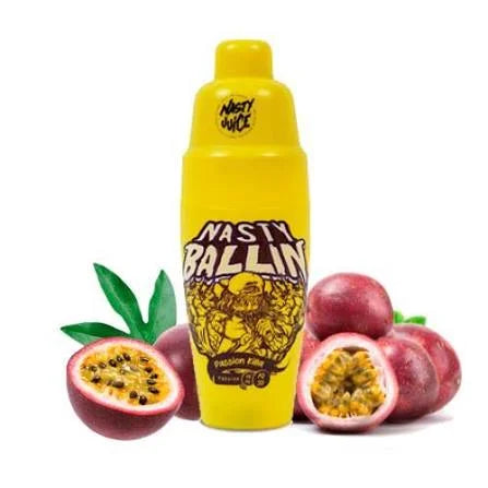 Yellow bottle labeled 'Nasty Ballin' with passion fruits on a white background