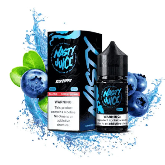Nasty Juice Blueberry e-liquid bottle and packaging box displayed together with blueberry graphics, and green leaves, on a white background.