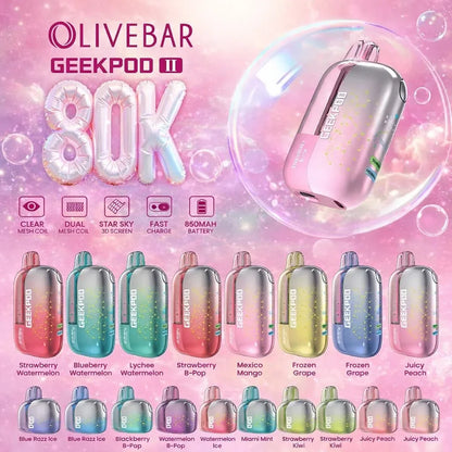 Promotional image of Olivebar Geekpod II vape device with colorful liquid pods on a pink background.