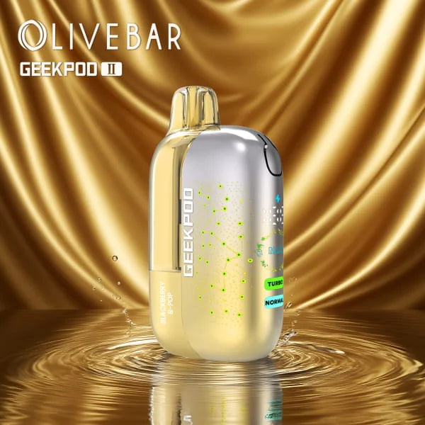 GeekPod II vape device on a reflective gold surface with Olivebar branding.