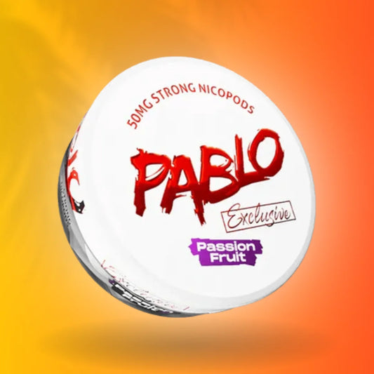Pablo nicotine pod packaging with 'Passion Fruit' flavor on a gradient background