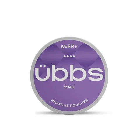 Purple container of ubbs nicotine pouches with 'Berry' flavor on a white background