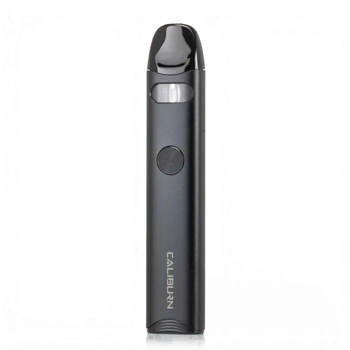 Black A3 Caliburn vape device standing vertically against a plain white background.