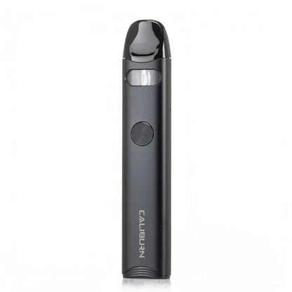 Black A3 Caliburn vape device standing vertically against a plain white background.