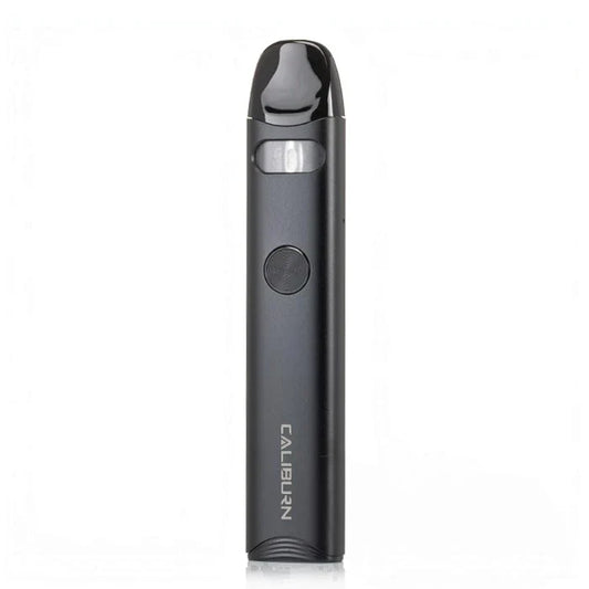 Black A3 Caliburn vape device standing vertically against a plain white background.