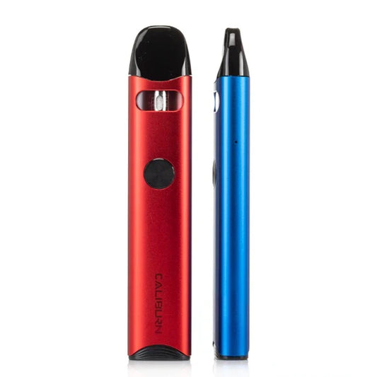 Two Caliburn disposable vape devices shown side by side on a white background, one in metallic red and one in metallic blue.