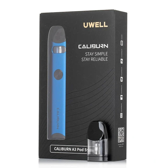 Uwell Caliburn A3 vape device and pod packaging on a white background