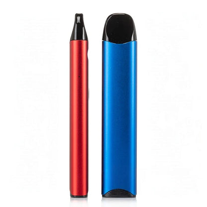 two caliburn a3 pod system shown side by side on a white background, one in metallic red and one in metallic blue, both with black mouthpieces.