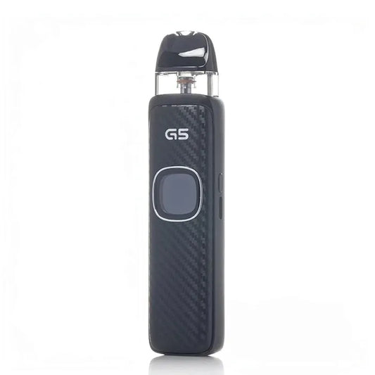 Caliburn G5 vape device with a black carbon fiber textured body, on plain white background.