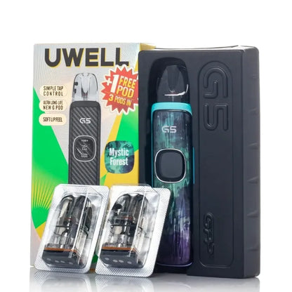 Uwell G5 vape kit with a black and teal device, two pod cartridges in blister packs, and the retail box on a white background.