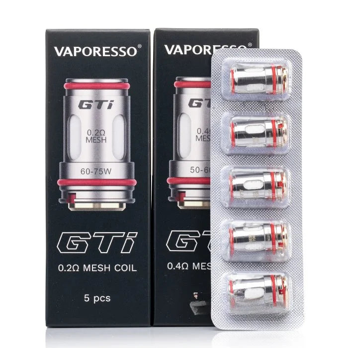 Vaporesso GTi mesh coils packaging with coils in a blister pack on a white background