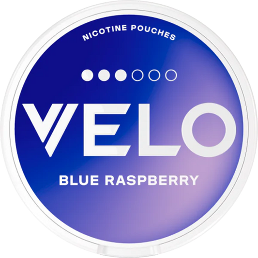 Velo nicotine pouch container with blue raspberry flavor text on a white background