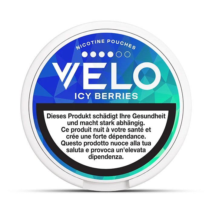 Velo Nicotine Pouches packaging for icy berries flavor on a white background