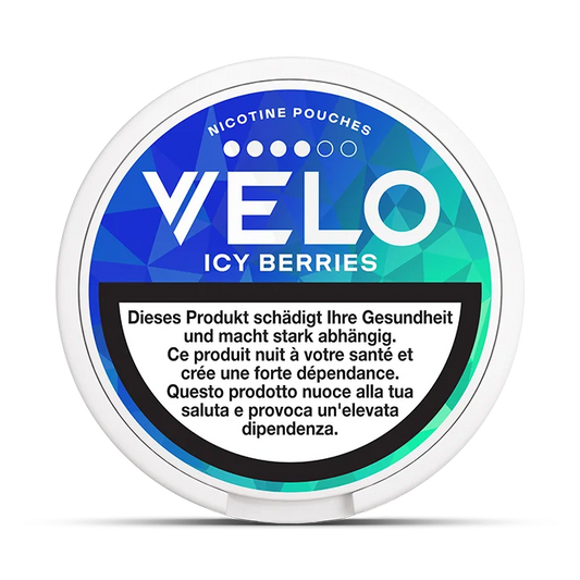 Velo Nicotine Pouches packaging for icy berries flavor on a white background