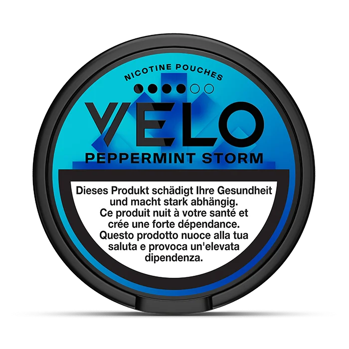 Velo Nicotine Pouches container with blue and black design on a white background