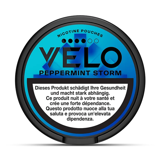 Velo Nicotine Pouches container with blue and black design on a white background